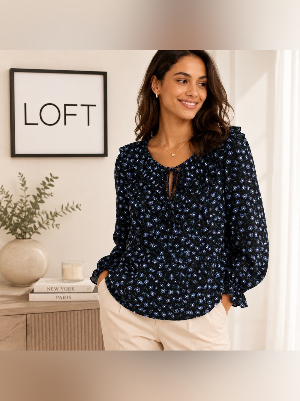 21. NWT LOFT Black Floral Textured Top (L)